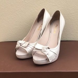 Cream Nappa Leather Prada Peep-Toe Heels